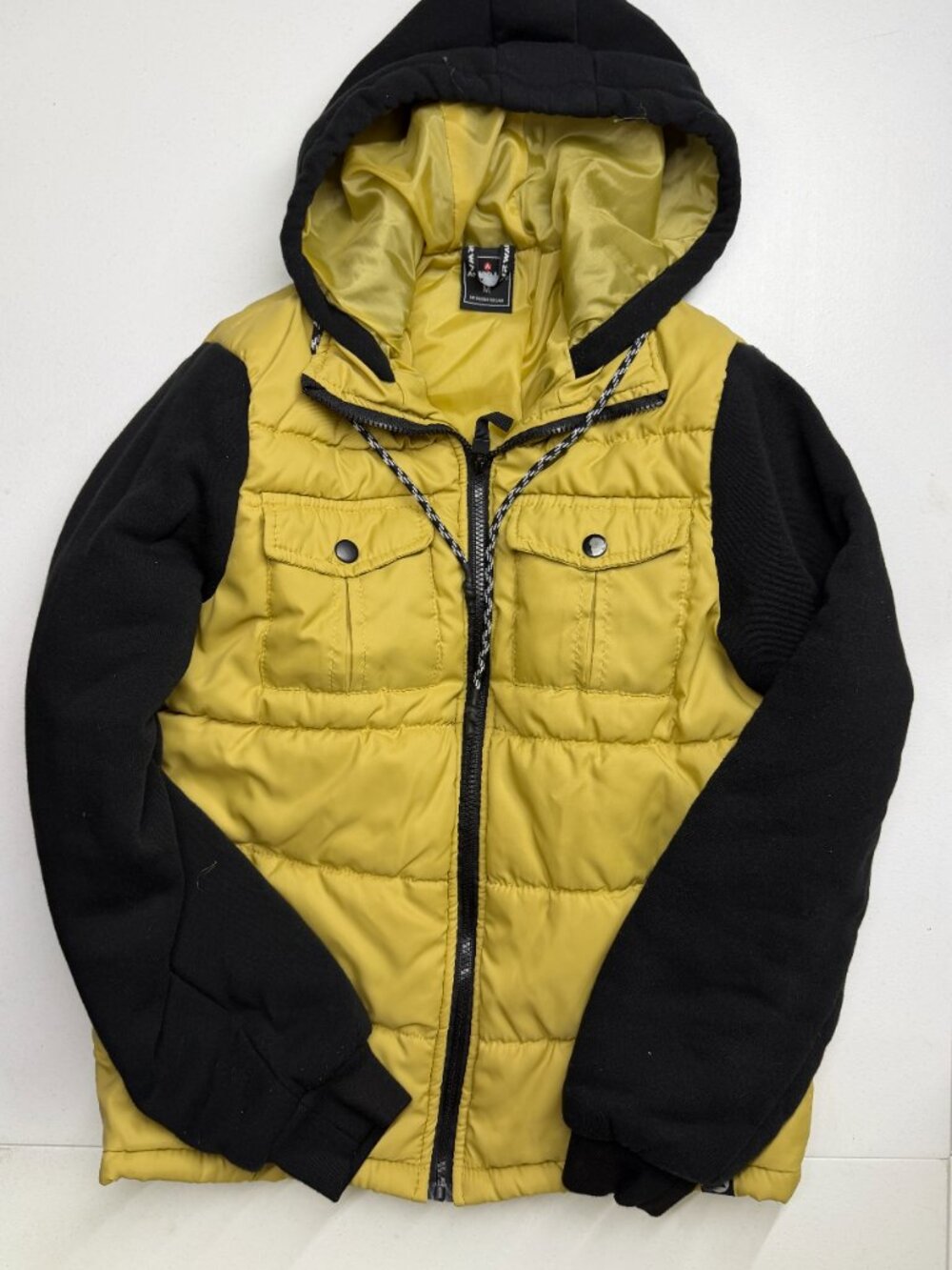 Airwalk Puffer Hoodie Jacket Size M Mustard Yellow Black Colorblock